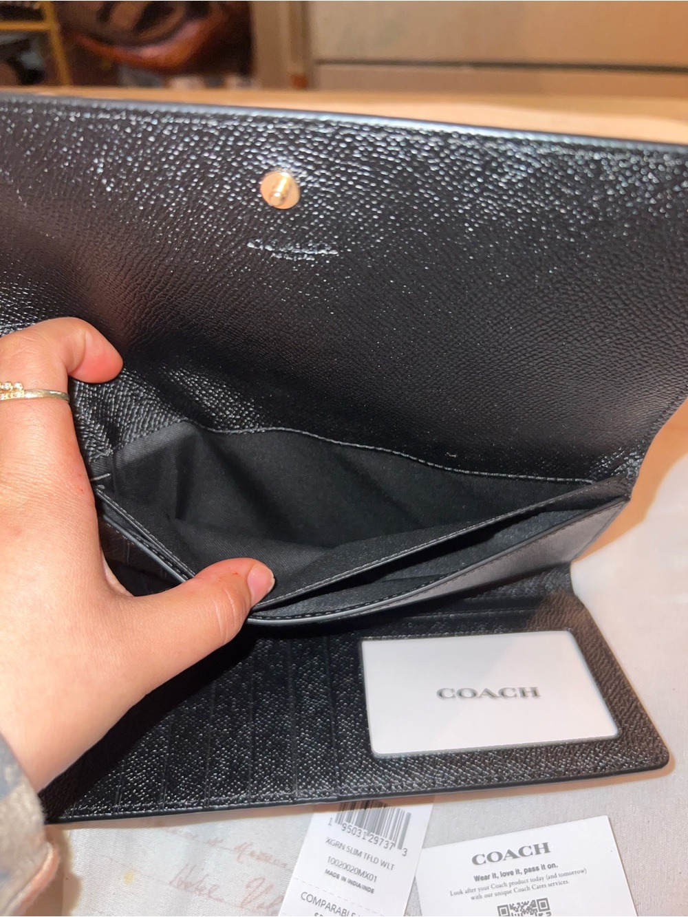 Coach Slim Black Trifold Pebbled Leather Long Wallet with Gold Logo - Picture 3 of 11